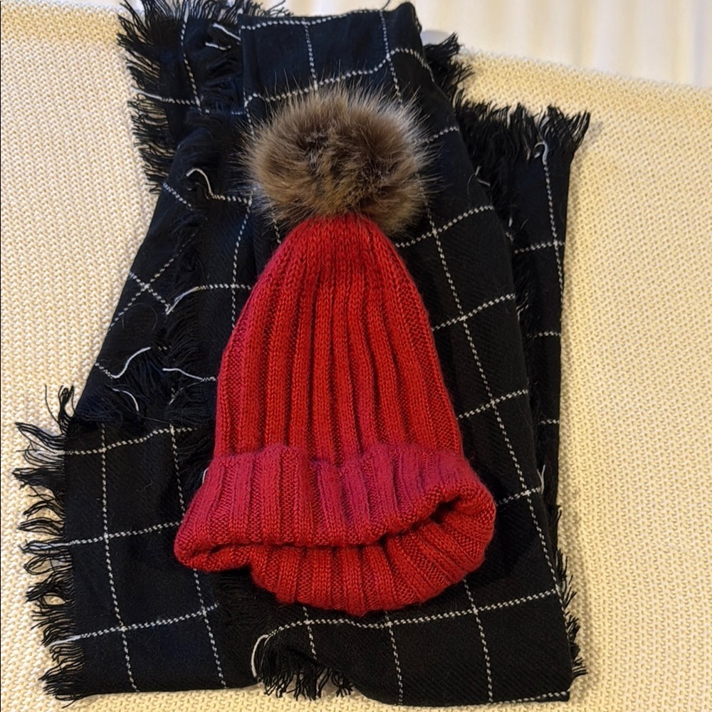 Cozy Red Knit Pom-Pom Beanie and scarf
